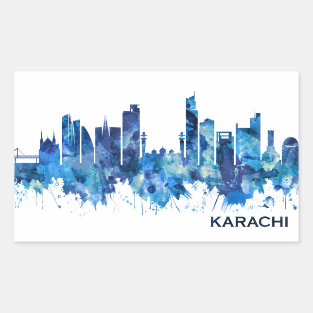 Sticker Rectangulaire Karachi Skyline Pakistan Blue (Devant)