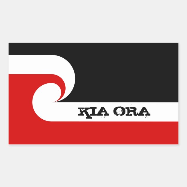 Sticker Rectangulaire Kia Ora & Drapeau Maori, Nouvelle-Zélande /Sports, (Devant)