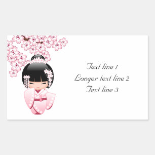 Sticker Rectangulaire Kimonon Rose Kawaii Kokeshi Poupée Texte Personnal