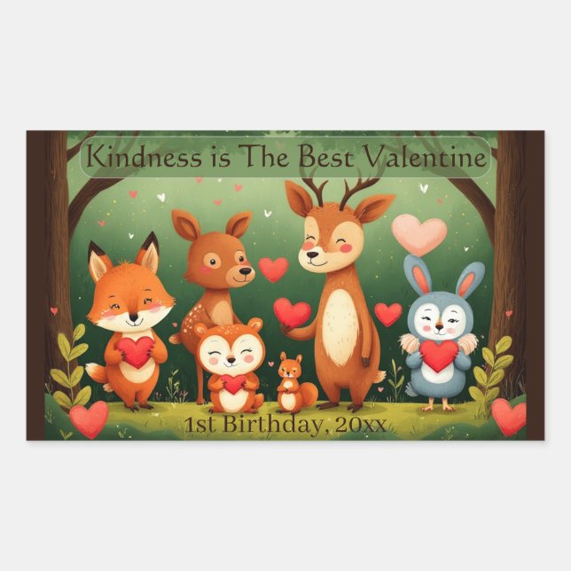 Sticker Rectangulaire Kindness Best Valentine Woodland Animals Birthday  (Devant)