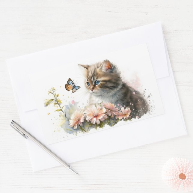 Sticker Rectangulaire Kitten et papillon dans le jardin (Enveloppe)