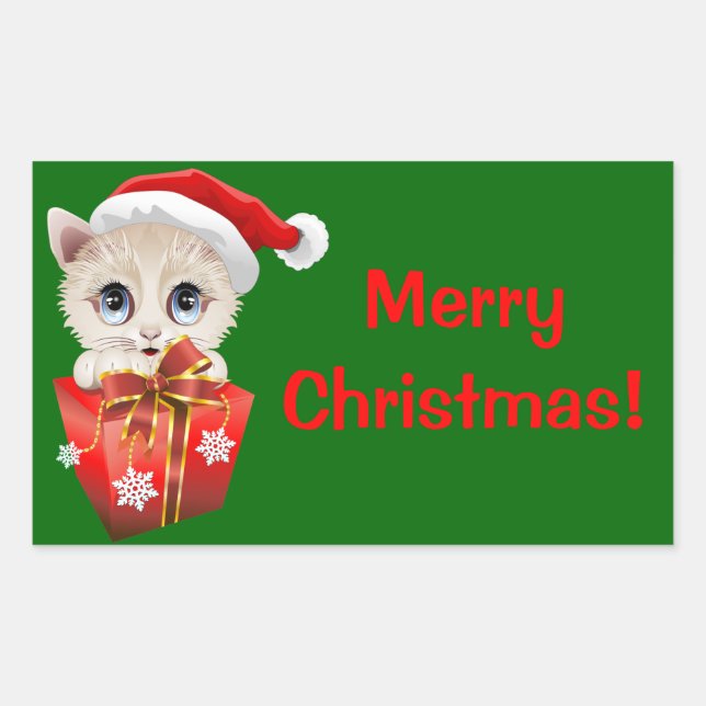 Sticker Rectangulaire Kitten Noël Père Noël avec cadeau (Devant)