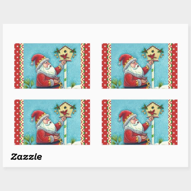 STICKER RECTANGULAIRE KRIS KRINGLE ALIMENTER LES OISEAUX REDBIRÉS, NOËL  (Feuille)