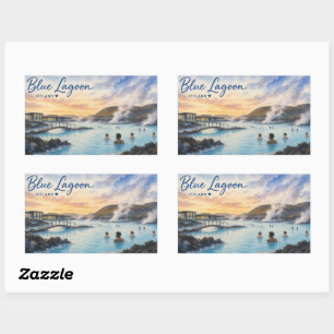 Sticker Rectangulaire Lagon bleu Islande bain thermal aquarelle