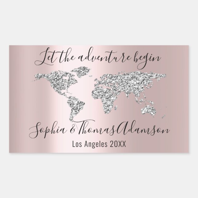Sticker Rectangulaire Laisser l'aventure commencer Mariage World Map Ros (Devant)