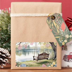 Sticker Rectangulaire Lakeside Swing dans le jardin d'aquarelle romantiq
