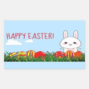 Sticker Rectangulaire Lapin et oeufs de Pâques heureux mignons sur