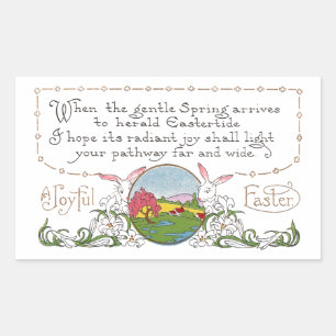 Sticker Rectangulaire Lapins, paysage de printemps coloré et couplet de