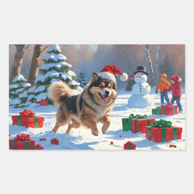 Sticker Rectangulaire Lapphund finlandais coule la neige avec le Casquet (Devant)