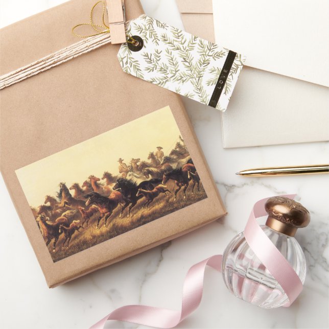 Sticker Rectangulaire Lassoing de chevaux sauvages par James Walker (Cadeaux)