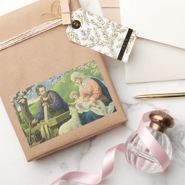 Sticker Rectangulaire L'atelier de Joseph avec Marie et l'enfant Jésus (Cadeaux)