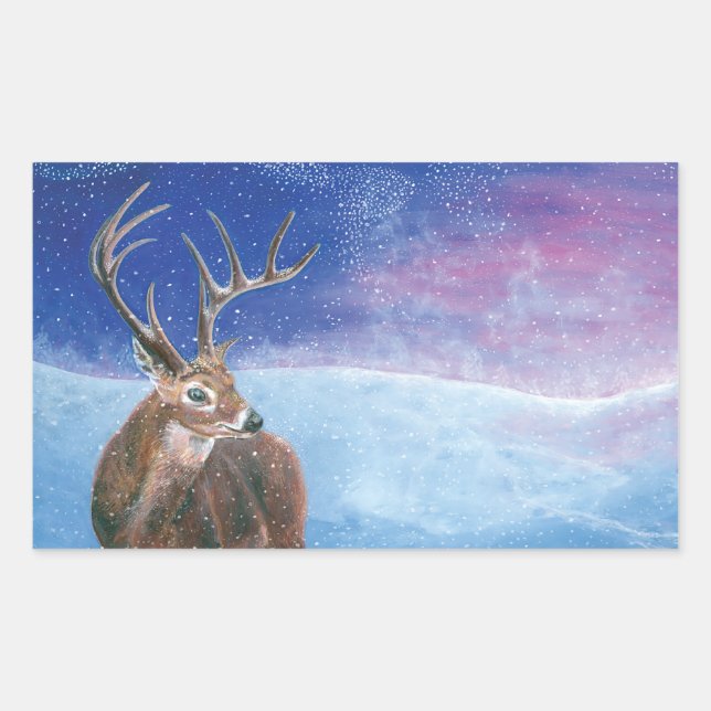 Sticker Rectangulaire Le Cerf rouge Cervus elaphus et paysage hivernal (Devant)