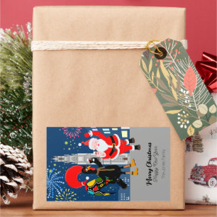 Sticker Rectangulaire Le Père Noël et le coq toast au Nouvel An