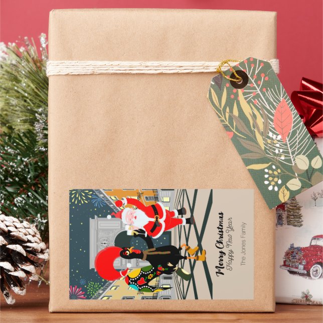 Sticker Rectangulaire Le Père Noël et le coq Toast de Champagne à New Yo (vacances)