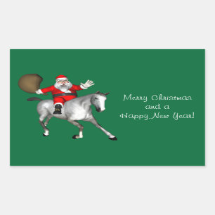 Sticker Rectangulaire Le Père Noël Monte Un Cheval Gris