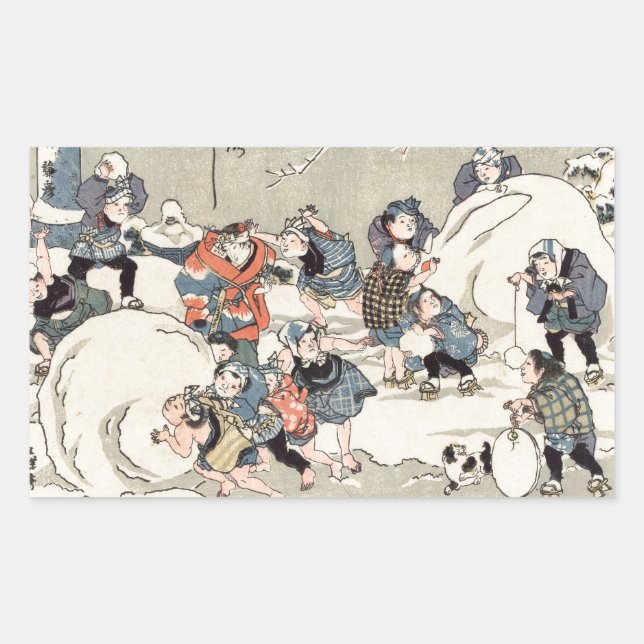Sticker Rectangulaire Les enfants chinois dans la neige (Devant)