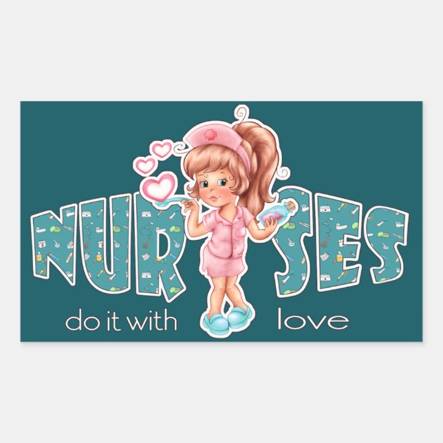 Sticker Rectangulaire Les infirmières le font avec amour. Cute Nurse (Devant)