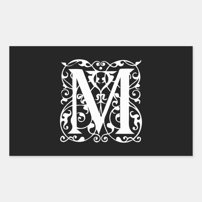 Sticker Rectangulaire Lettre élégante M Blanc sur Monogramme noir (Devant)