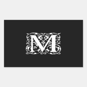 Sticker Rectangulaire Lettre élégante M Blanc sur Monogramme noir