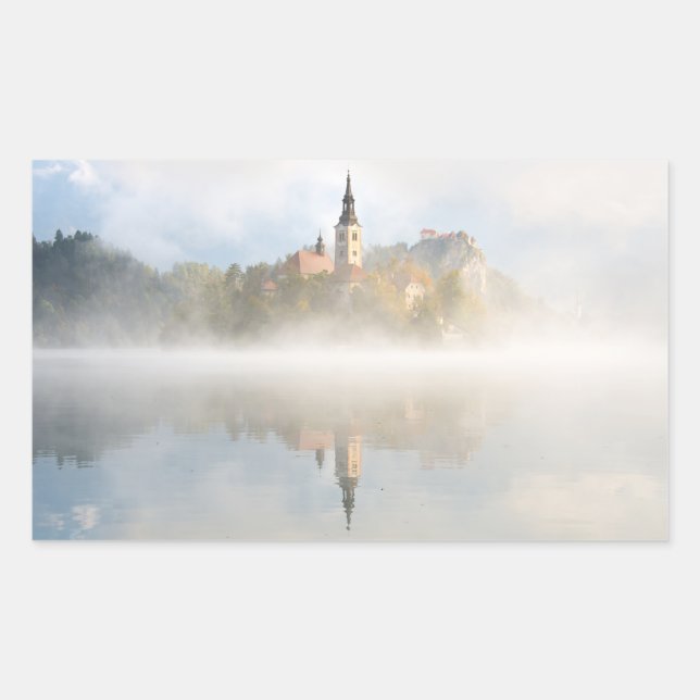 Sticker Rectangulaire Levée de soleil de Foggy au lac Bled (Devant)