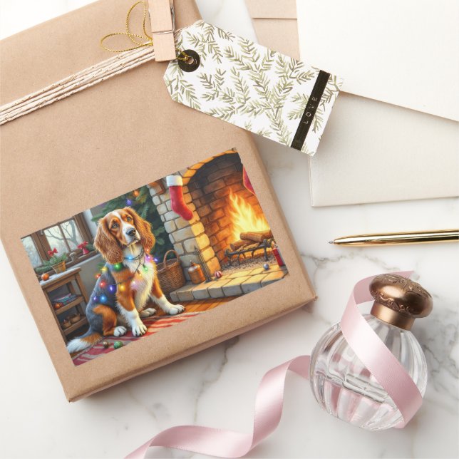 Sticker Rectangulaire Lévrier Afghan cheminée avec lumières de Noël (Cadeaux)