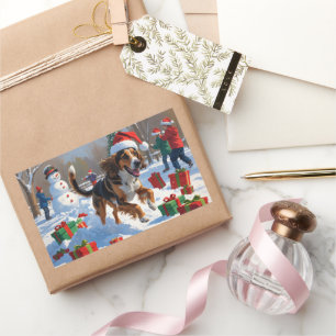 Sticker Rectangulaire Lévrier Afghan Scène de neige festive de Noël
