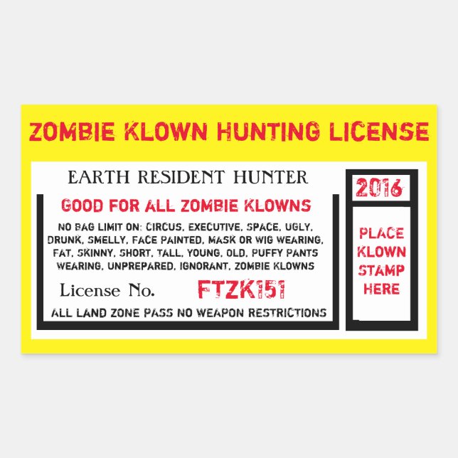 STICKER RECTANGULAIRE LICENCE DE CHASSE DE ZOMBIE KLOWN (Devant)
