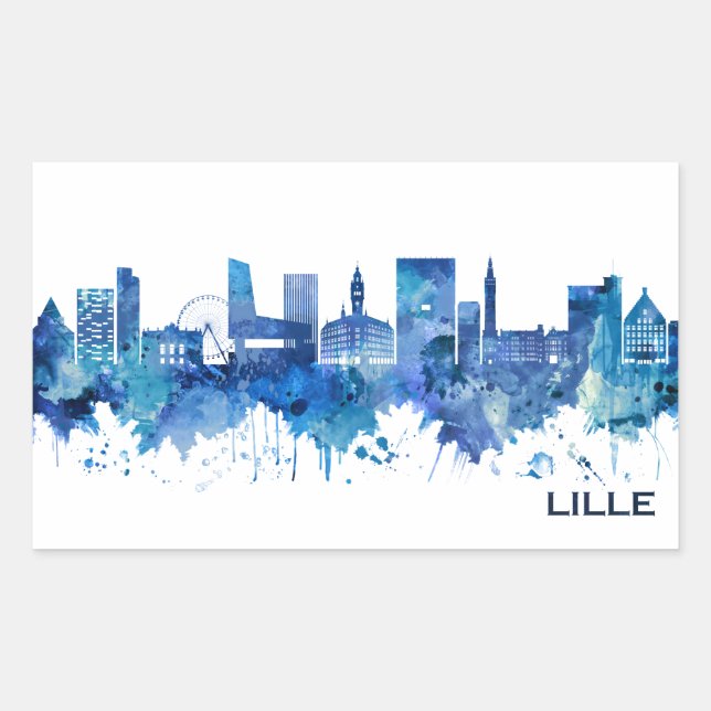 Sticker Rectangulaire Lille France Skyline Blue (Devant)
