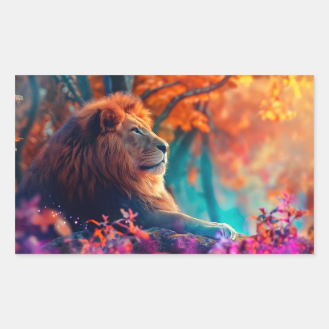 Sticker Rectangulaire Lion royal dans la conception forestière enchantée (Devant)