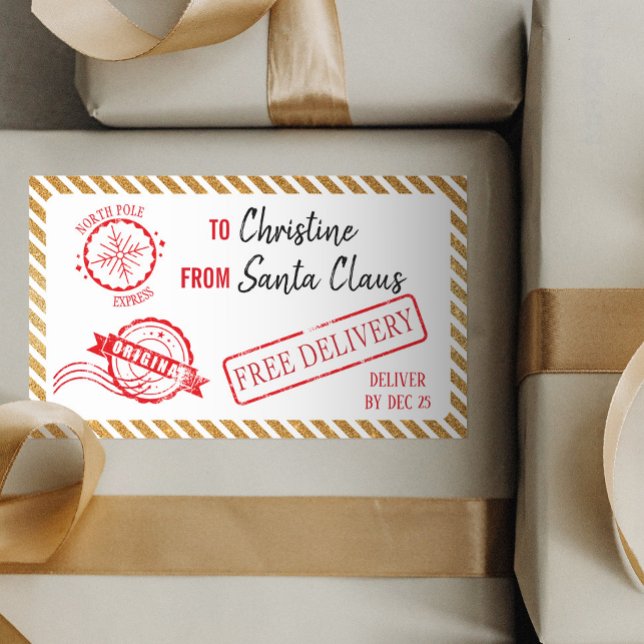 Sticker Rectangulaire Livraison de Noël Gold Père Noël cadeau Pôle Nord (Créateur téléchargé)