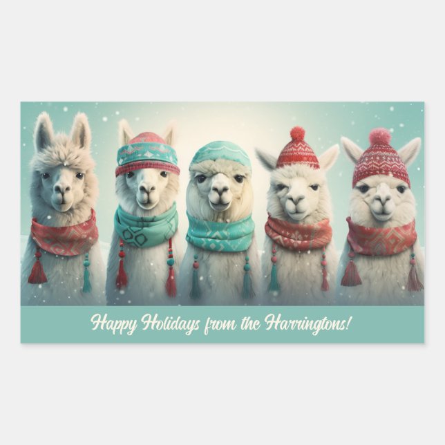 Sticker Rectangulaire Llamas d'hiver de texte personnalisé (Devant)