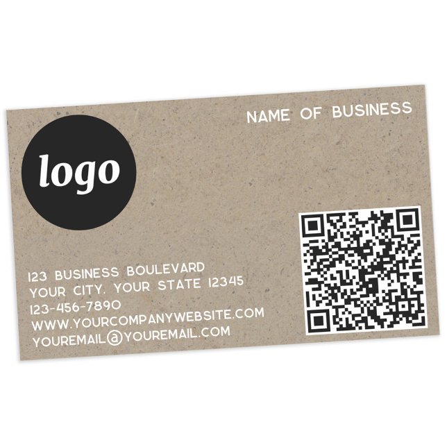 Sticker Rectangulaire Logo simple et code QR papier Brown (Logo QR code with custom text business promotional sticker with brown paper effect)