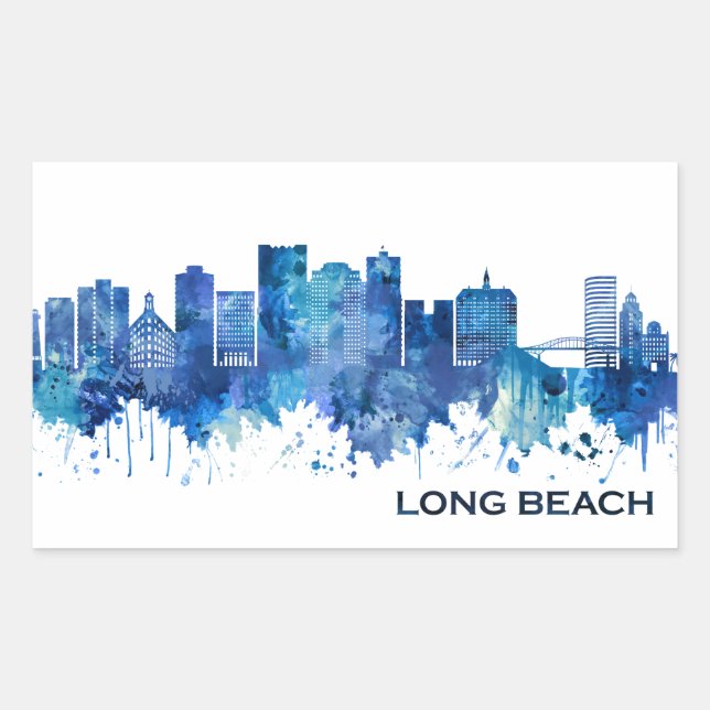 Sticker Rectangulaire Long Beach California Skyline Blue (Devant)