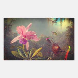 Sticker Rectangulaire L'orchidée de Cattleya et trois colibris Heade