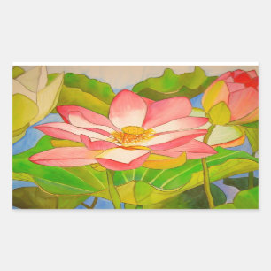 Sticker Rectangulaire Lotus rose nénuphar aquarelle peinture