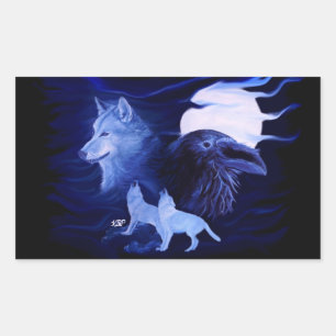 Sticker Rectangulaire Loup et corbeau avec pleine lune