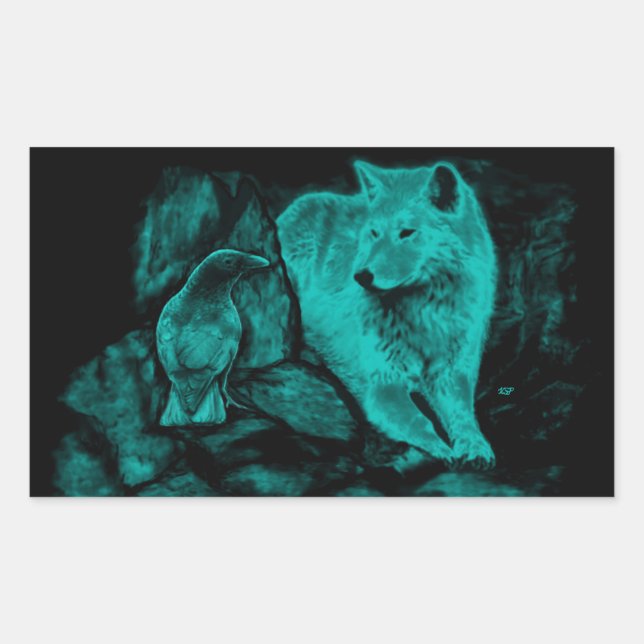 Sticker Rectangulaire Loup et corbeau dans la nuit (Devant)