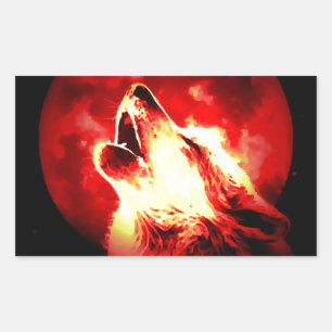 Sticker Rectangulaire Loup, lune et ciel rouge