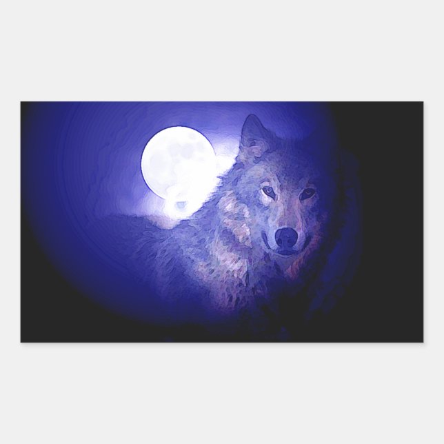 Sticker Rectangulaire Loup, Lune et Nuit Bleue (Devant)