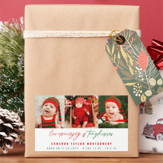 Sticker Rectangulaire Love Peace Joy Tiny Kisses 1er Noël de bébé (vacances)