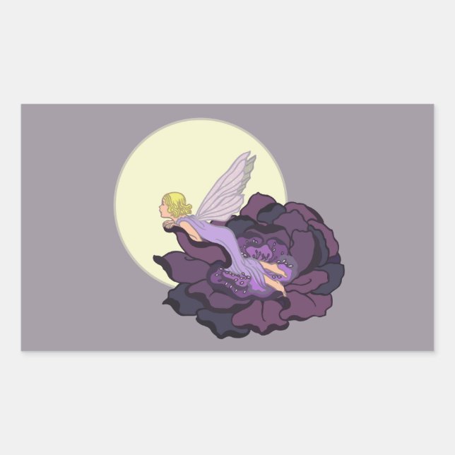 Sticker Rectangulaire Lune contemplant la fleur violette Fée Ciel du soi (Devant)