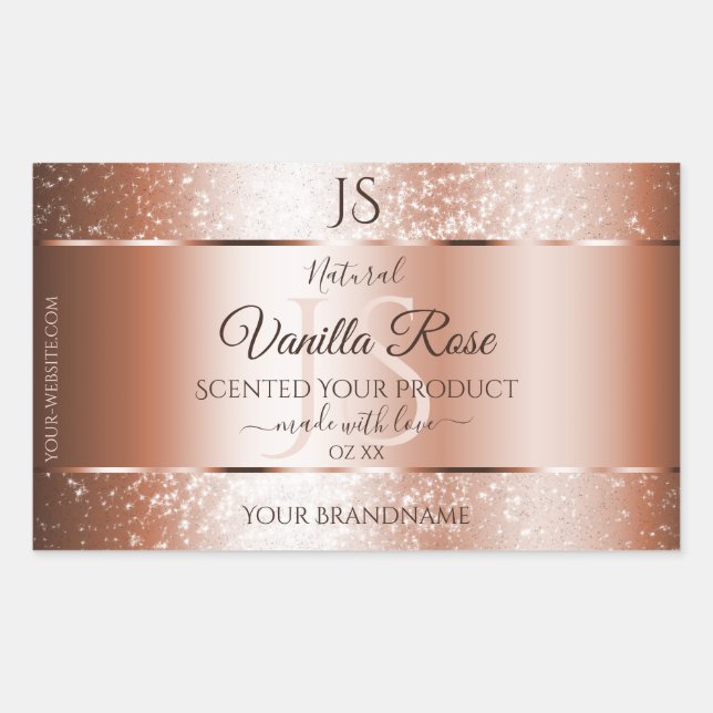 Sticker Rectangulaire Luxe Rose Gold Parties scintillant Initiales Produ (Devant)