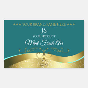 Sticker Rectangulaire Luxueux Décor Wavy Or foncé Monogramme Turquoise É