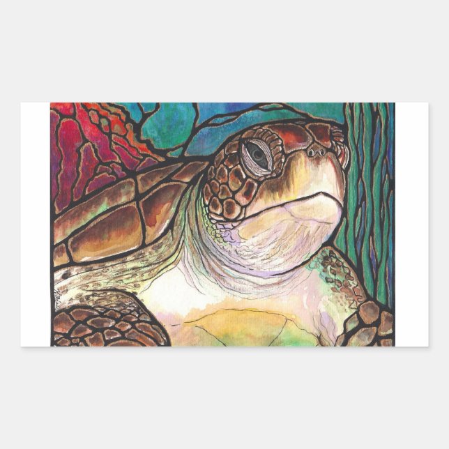 Sticker Rectangulaire Magnifique Tortue de mer Style verre de verre (Devant)