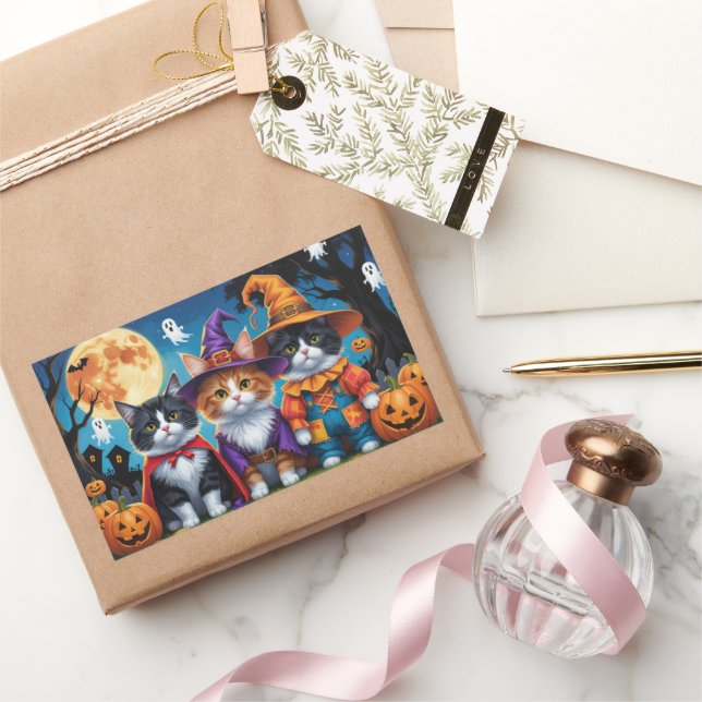 Sticker Rectangulaire Maine Coon Chats Citrouille Halloween Funny (Cadeaux)