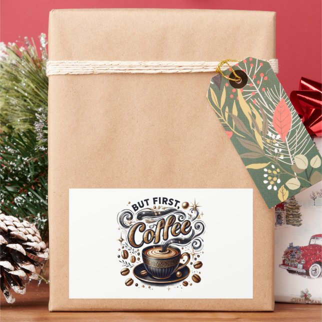 Sticker Rectangulaire Mais First Coffee Art - Design Or Stylé (vacances)