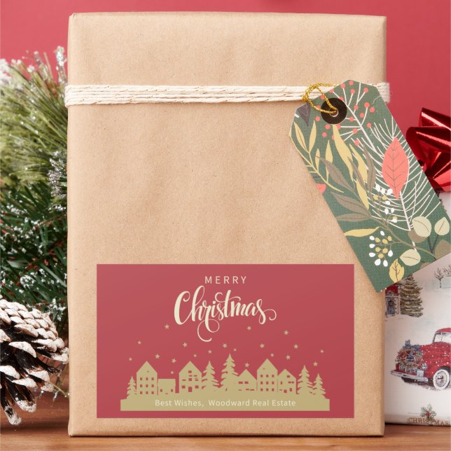 Sticker Rectangulaire Maison de Noël Red Retro | Realtor Personnalisé (vacances)