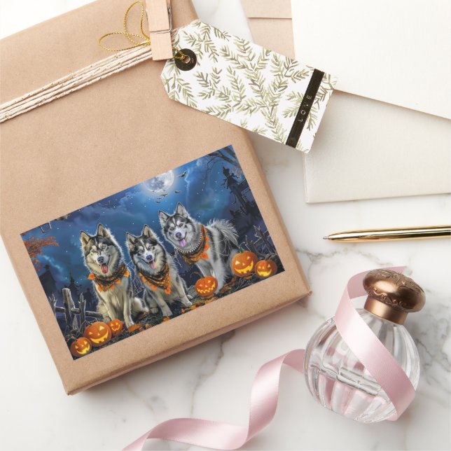 Sticker Rectangulaire Malamute d'Alaska Halloween Épouvantable  (Cadeaux)
