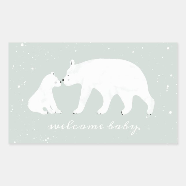 Sticker Rectangulaire Mama Bébé Ours Polaire Hiver Baby shower bleu neig (Devant)