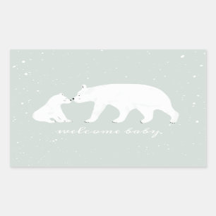 Sticker Rectangulaire Mama Bébé Ours Polaire Hiver Baby shower bleu neig